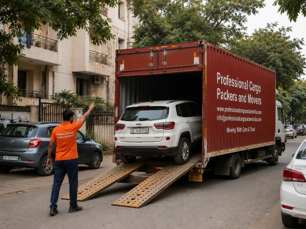 Car Carrier Loading by Professional Cargo Packers and Movers